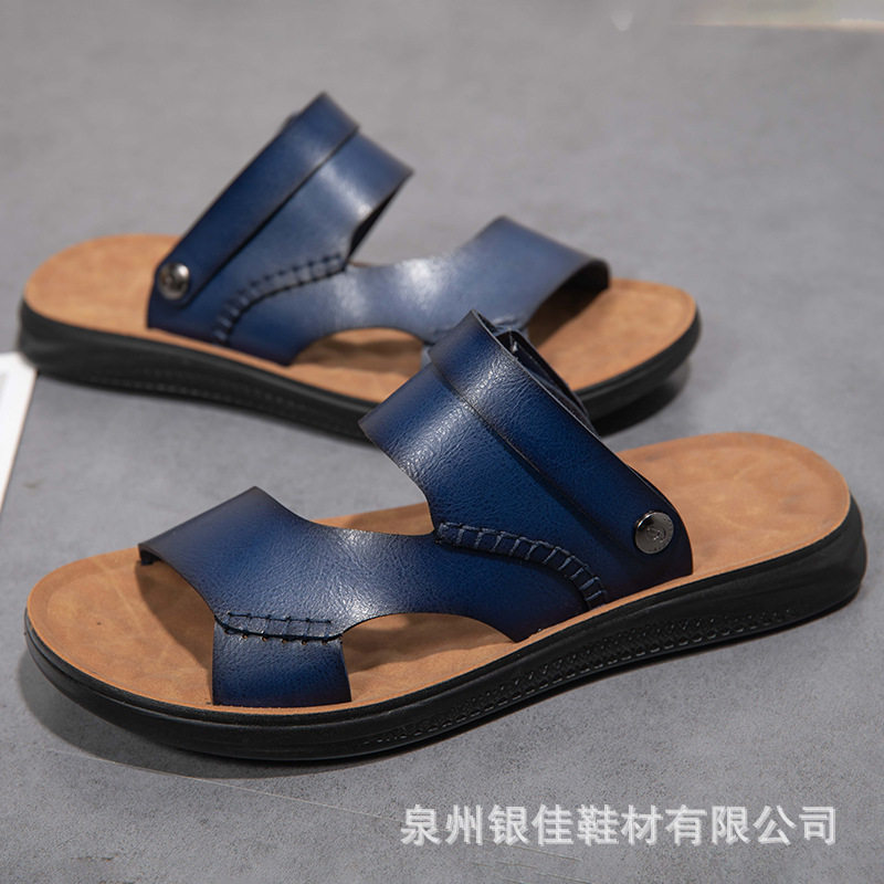 Dép sandal nam quai ngang hở ngón chất liệu da PU chống trơn, thoáng khí đi biển mùa hè — Màu xanh lam, Màu đen, Nâu vàng, Nâu đậm