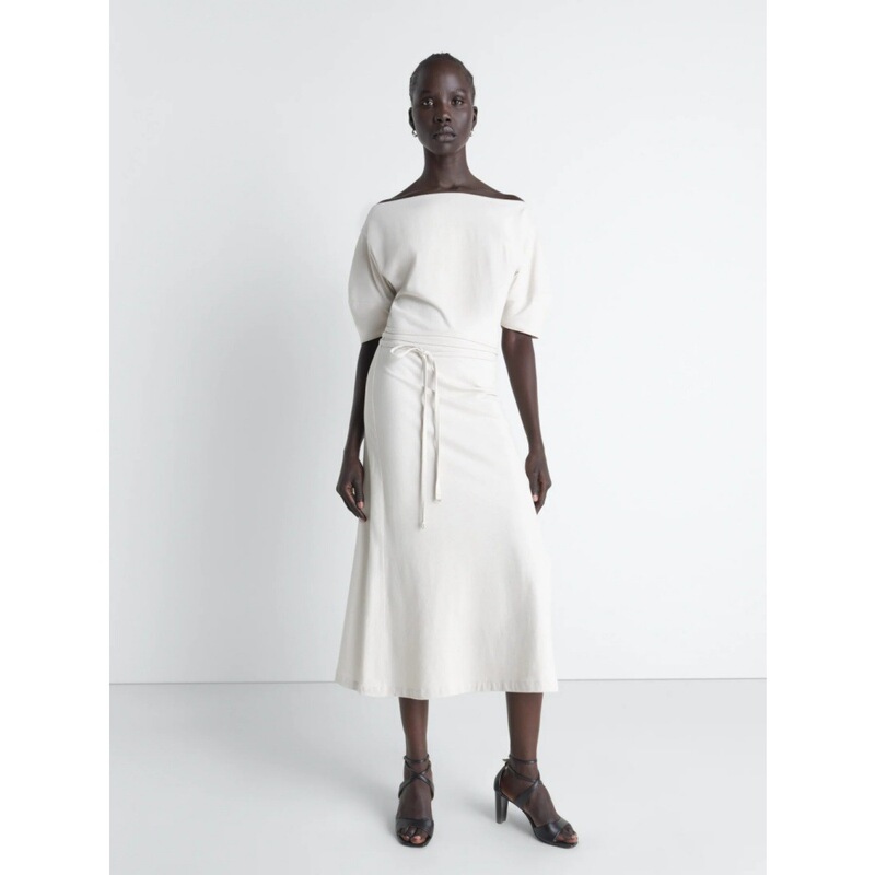 Rommel Off-Shoulder Short-Sleeve Dress with a Simple Neckline, 26 Spring/Summer New Lem Style, Simple and Elegant Tie-Waist Mid-Length Dress