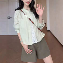 2026微胖韩系风亚麻薄款防晒衬衫短外套女夏季宽松显瘦单排扣上衣