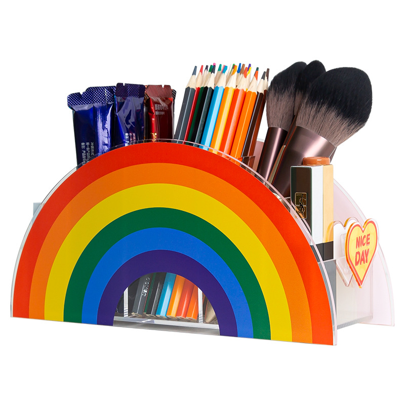 Arco Iris titular de la pluma de escritorio creativo neto rojo de dibujos animados niños lindos papelería caja de almacenamiento multifuncional sostenedor de la pluma de acrílico
