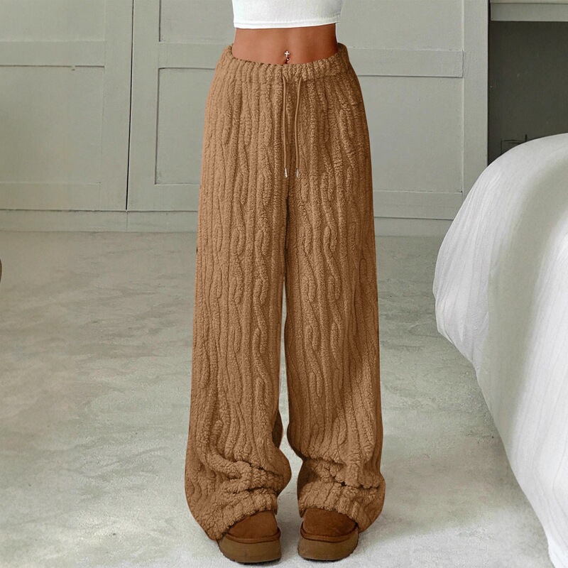 Amazon European and American cross-border women's clothing jacquard plush texture home pajama pants with drawstring elastic waist and wide legs