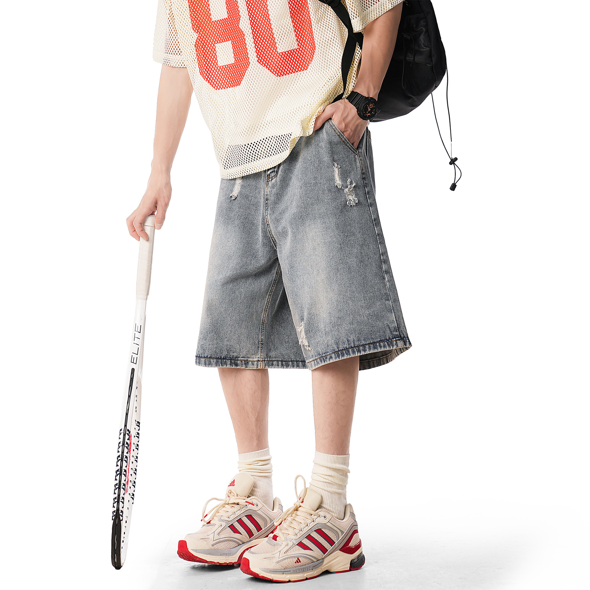 American-Style Ripped Jeans for Men and Women, New Summer High Street Trendy Brand, Loose and Stylish Washed Mid-Length Pants for Men