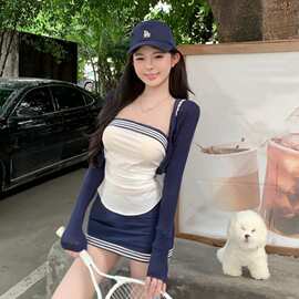 韩版学院风撞色条纹背心开衫半身裙三件套女2026春季新款时尚套装