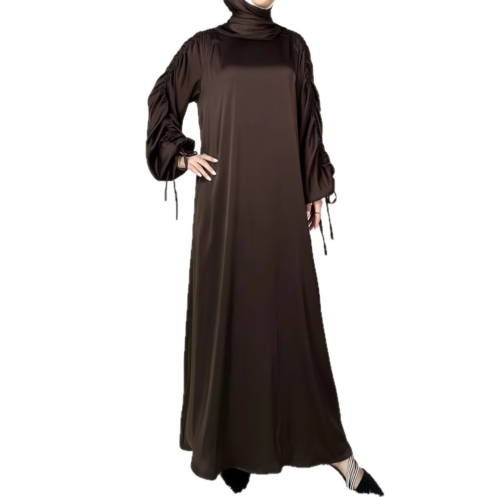 Modest Abaya Dress Robe And Headscarf Set With Drawstring Pleats And Lantern Sleeves._voghion.com