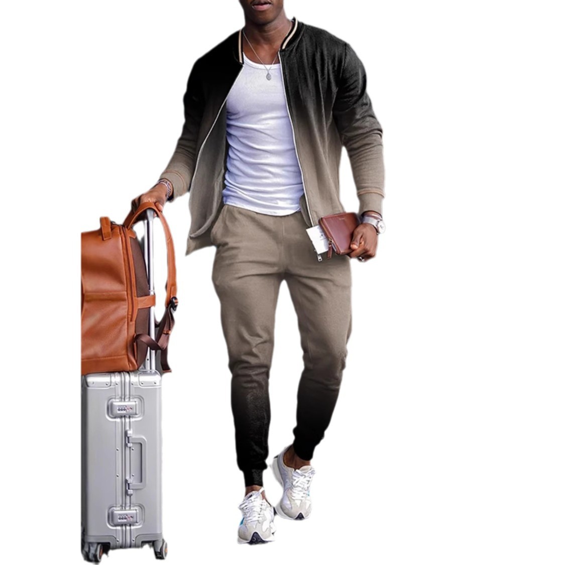 Versión coreana de la chaqueta con cremallera de estilo Pi Shuai Hong Kong de diseño de dos piezas degradado estilo popular pantalones WL9-ML1