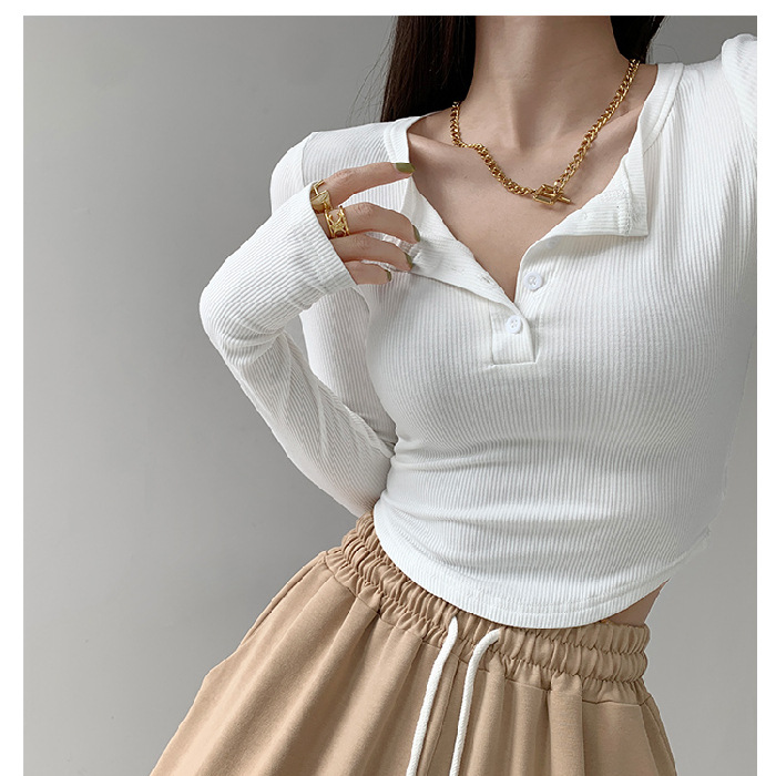 现货2022秋季修身套指长袖打底衫女v领排扣设计感T恤显瘦露脐短款