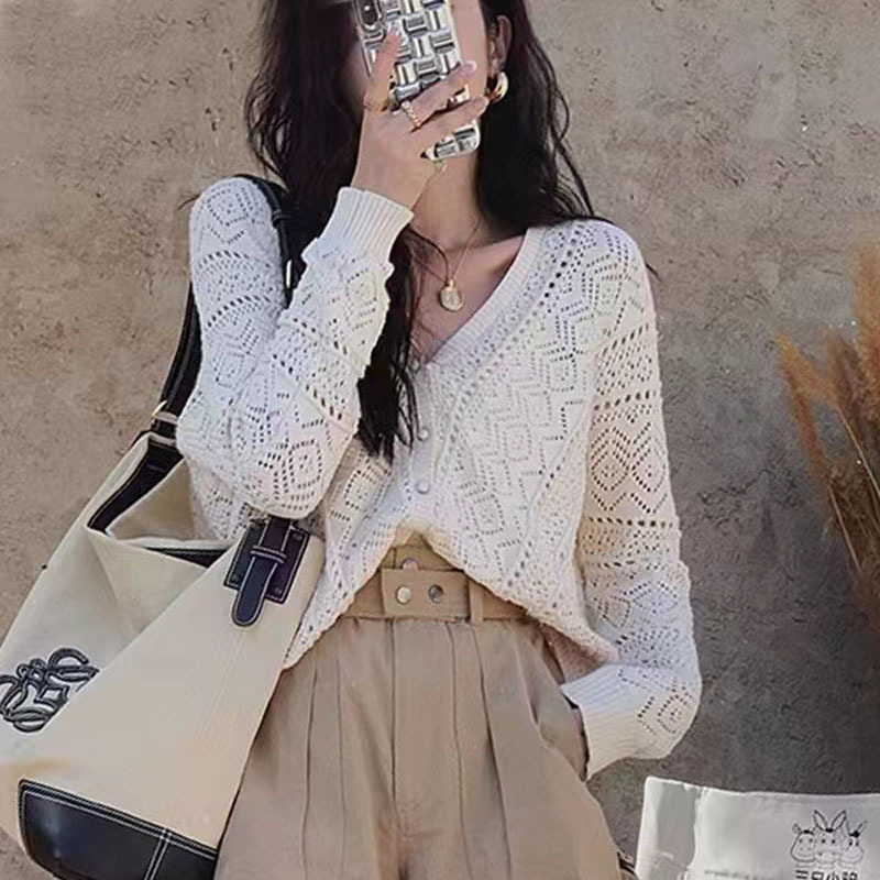 French bohemian style hollow-out thin knitted cardigan women's breathable V-neck long sleeve women's air conditioning shirt pullover