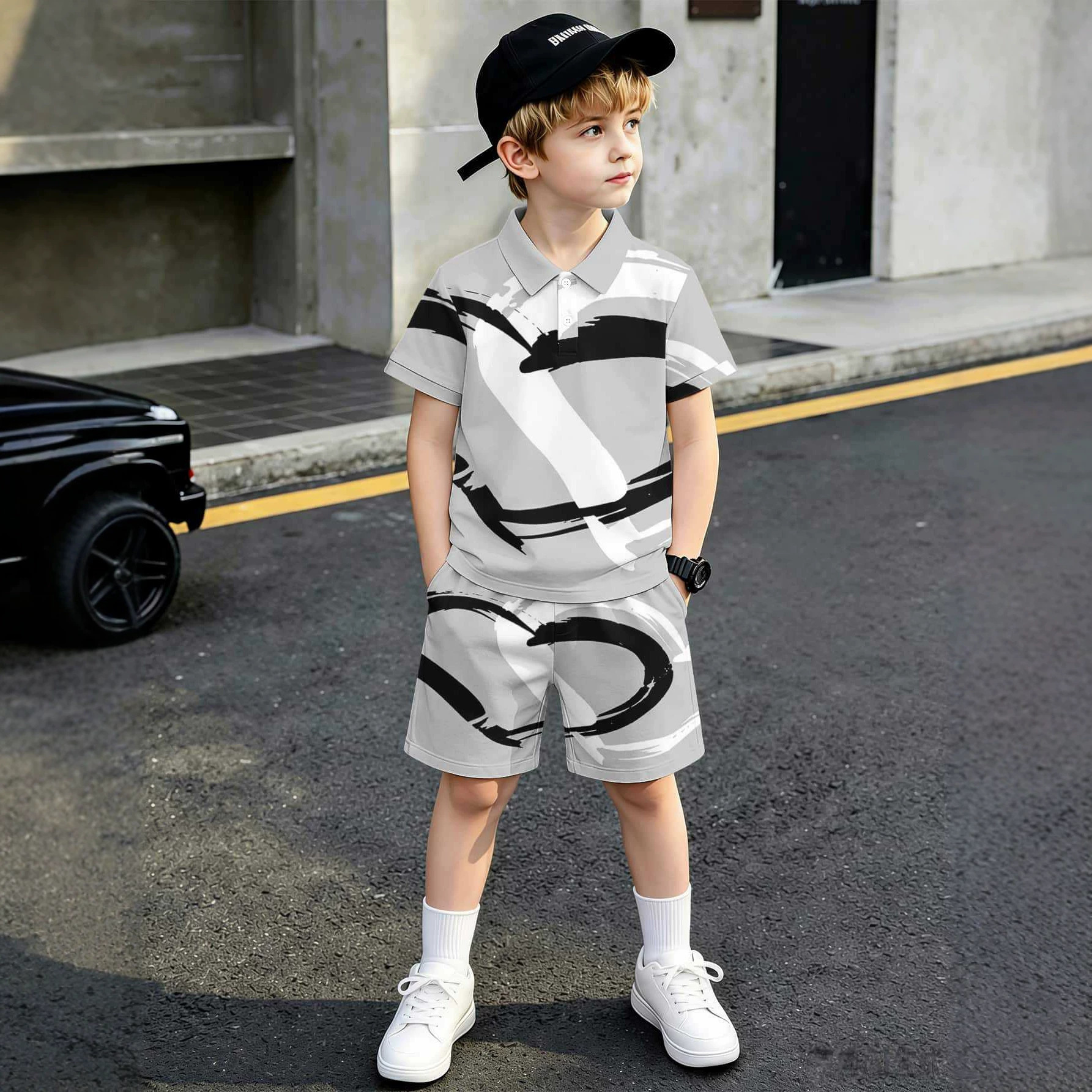 Camisa polo com estampa 3D, estilo europeu-americano, conjunto infantil de camiseta polo e shorts, conjunto popular de duas peças._voghion.com