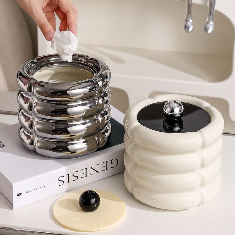 Ins-Style High-Aesthetic Ceramic Desktop Storage Trash Can with Lid, Small Paper Basket for Office, Living Room, Bedroom, and Home Use