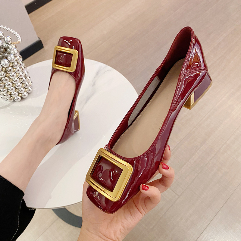 Echt Koeienhuid Enkele Schoenen Vrouwen 2023 Nieuwe All-Match Dikke Hakken Lakleer Damesschoenen Comfortabele Ondiepe Mond schoenen Met Hoge Hakken Zomer_voghion.com