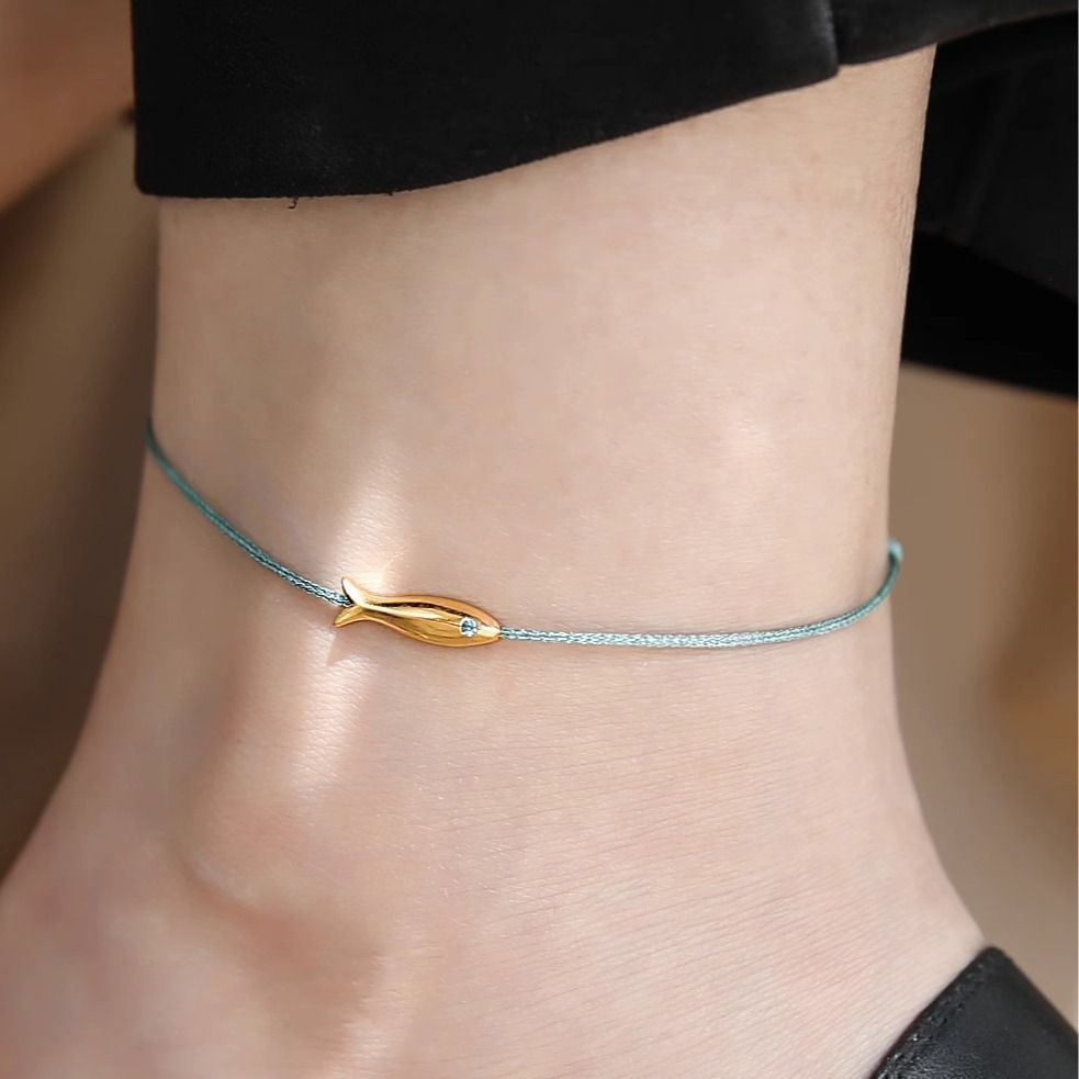 New French Niche Design Blue Silk Thread Braided Retro Golden Koi Fish Simple Ultra-Fine Anklet Anklet
