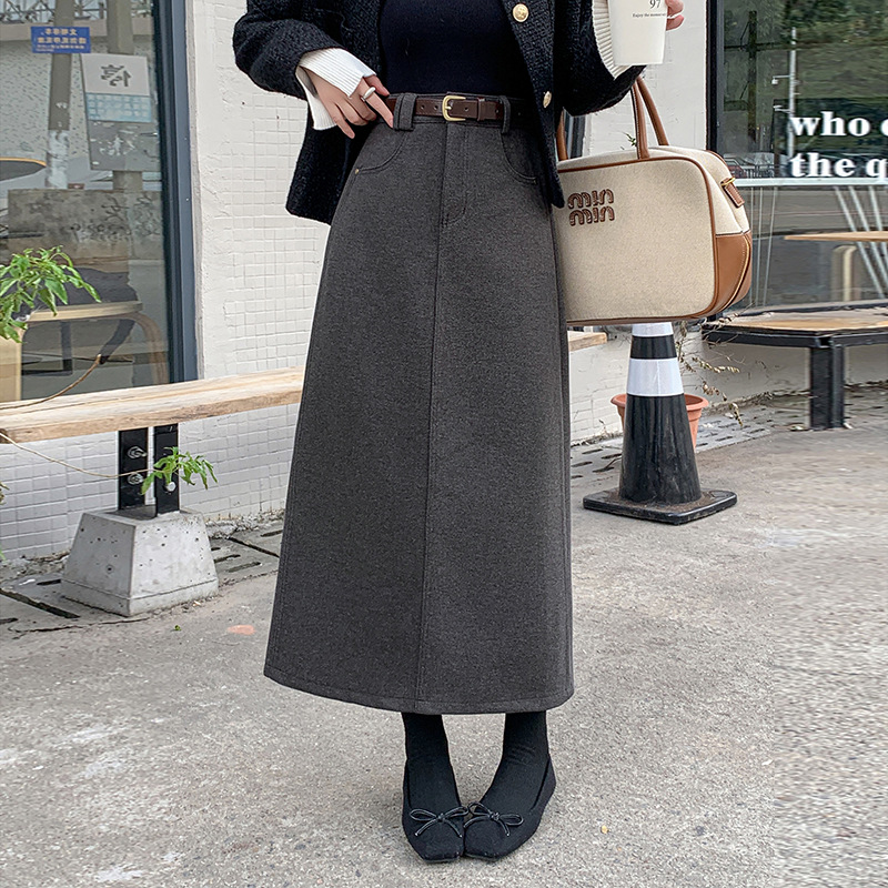 跨境 韩国毛呢半身裙女2025秋冬小A裙子中长款高腰直筒呢子中长裙