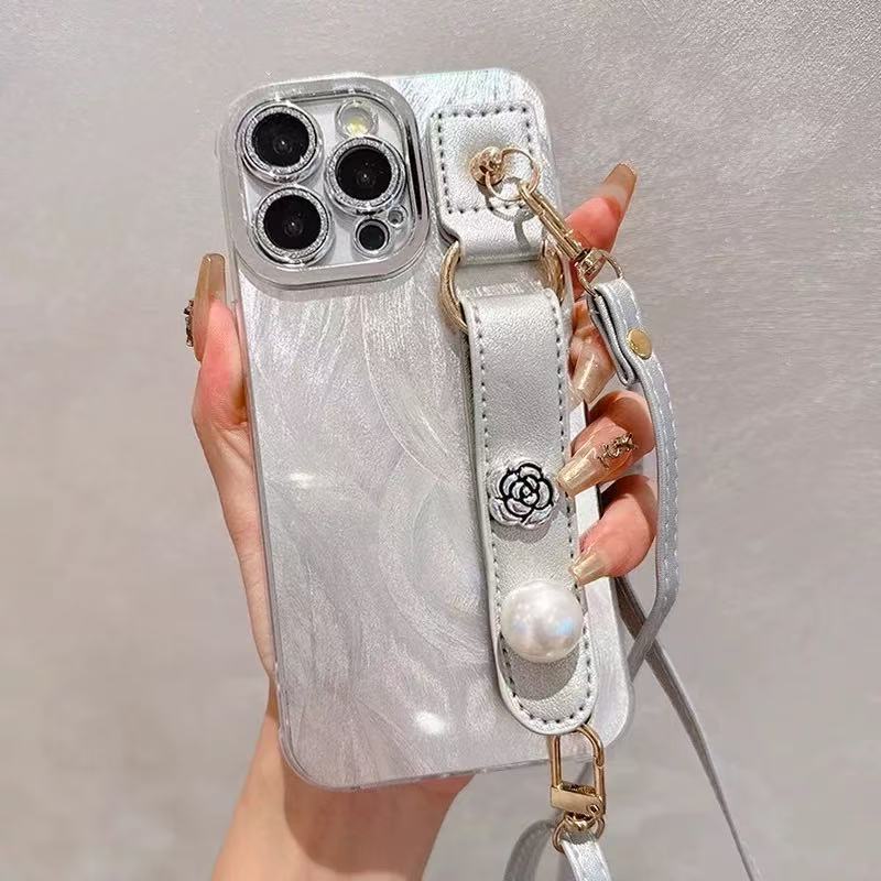Pulsera de perlas de hilo de plumas plateada simple para iphone14 Apple 16ProMax funda para teléfono móvil 15 femenino 13 diagonal