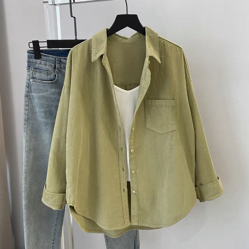 Corduroy Shirt Women's Loose Casual Long-sleeved Mid-length Stacked Solid Color Shirt Outer Cardigan Jacket