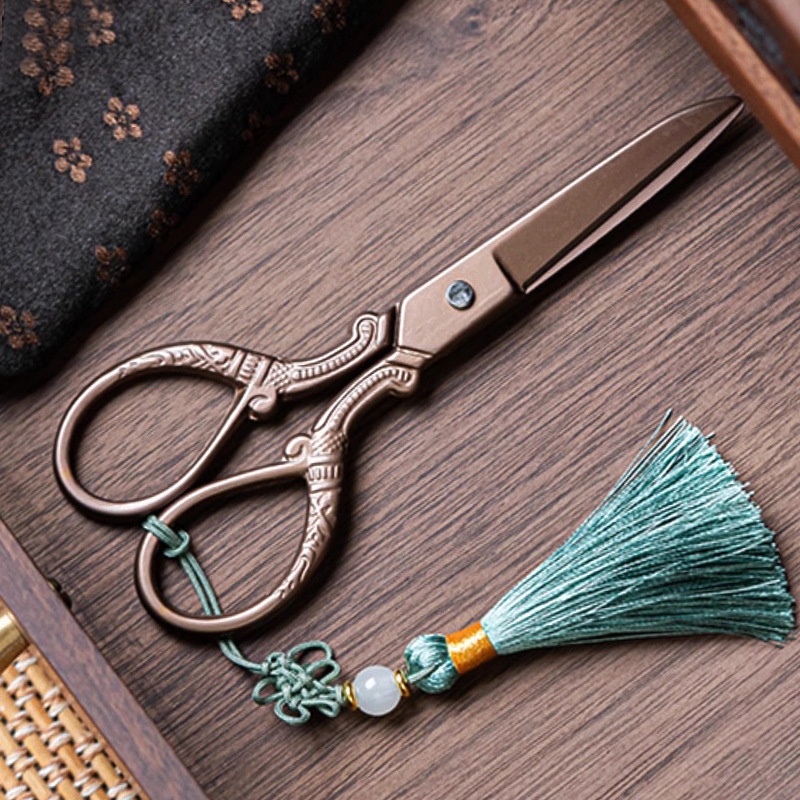 Retro scissors, elite tea bags, tea set with accessories