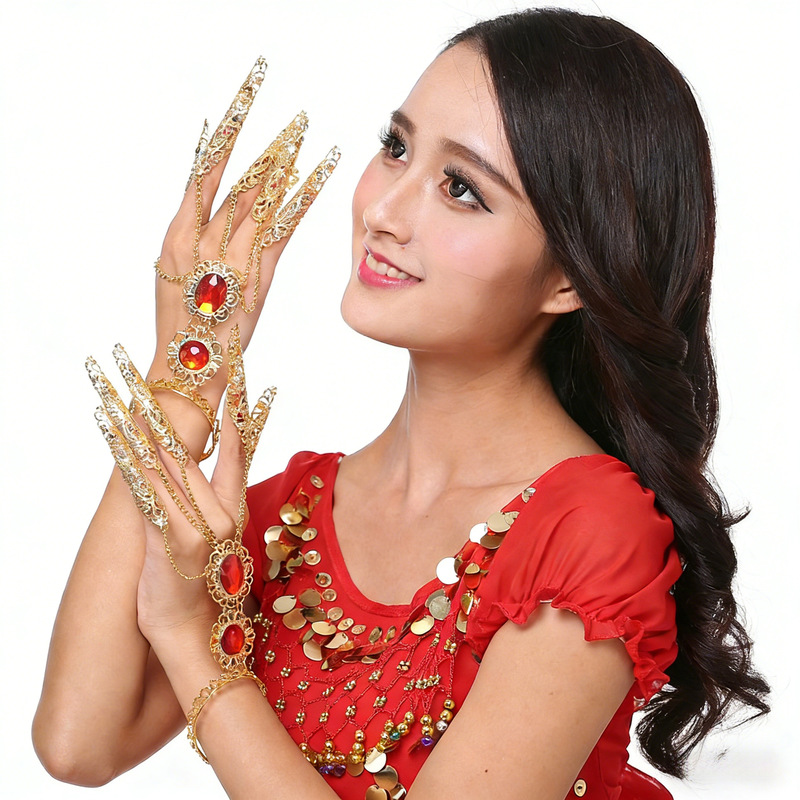 Belly Dance Accessories, Performance Costumes with Matching Necklaces, Earrings, Head Chains, Arm Rings, and Nail Covers, Indian-Style Dance Accessories