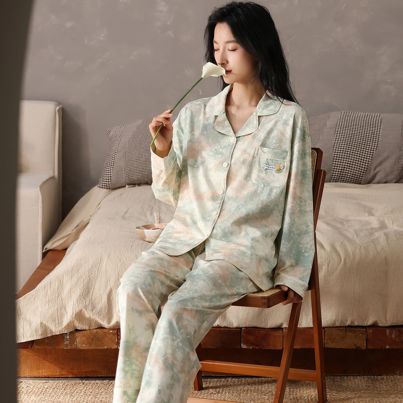 春秋新款睡衣女纯棉7A抗菌长袖长裤宽松开衫翻领家居服套装可外穿|undefined