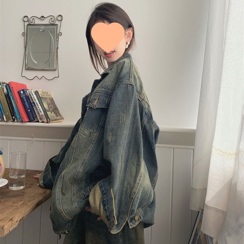 复古水洗牛仔外套女秋季2025新款设计感BF风polo领宽松长袖上衣潮|undefined