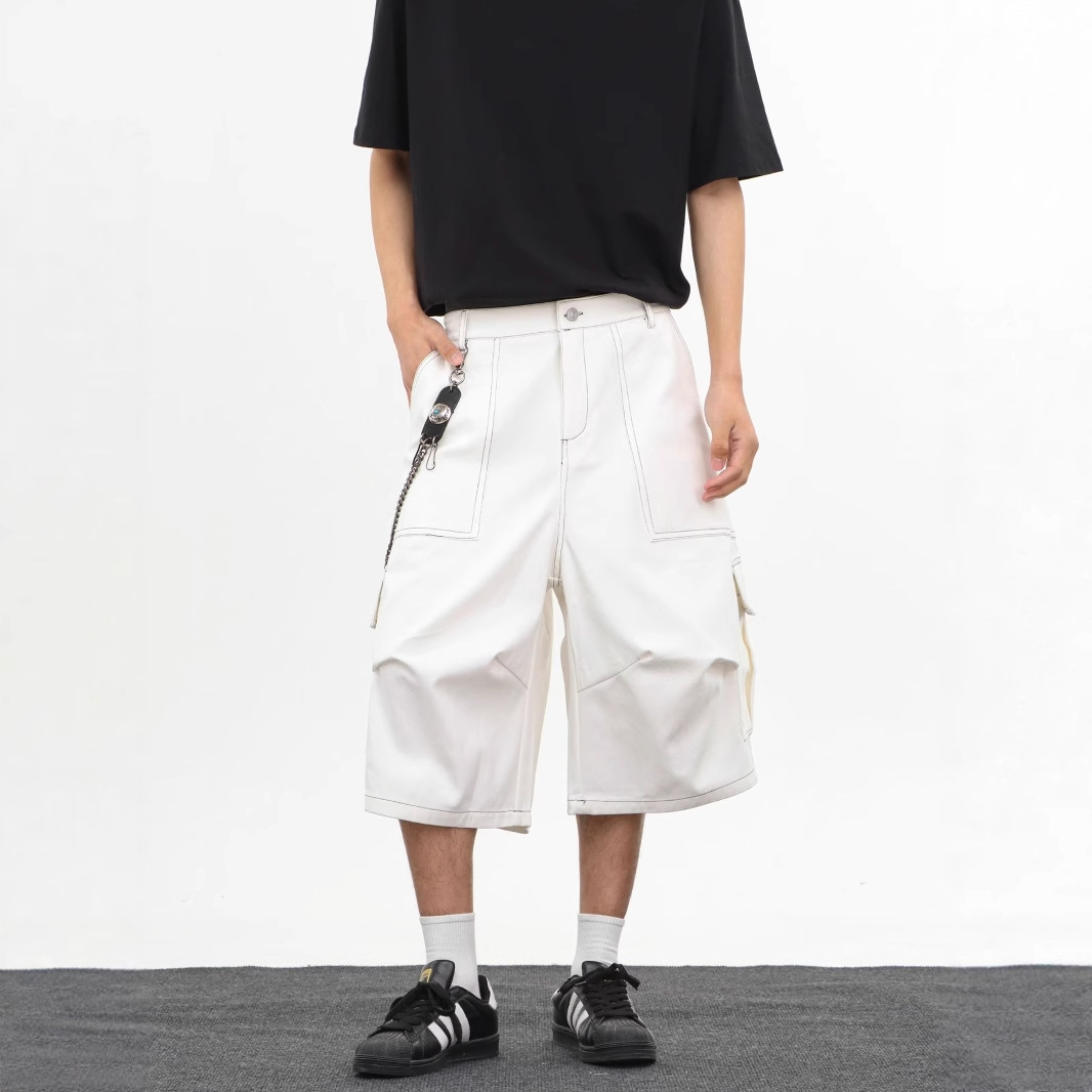 Summer Washed Distressed Pleated Multi-Pocket Cargo Shorts Men's American High Street Loose Versatile Wide-Leg Cropped Pants