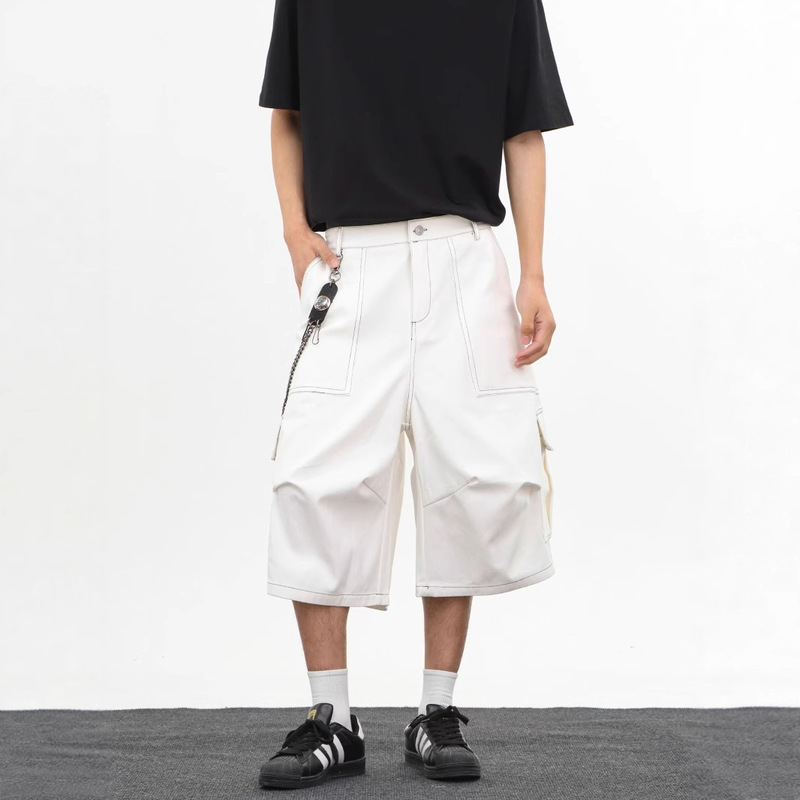 Summer Washed Distressed Pleated Multi-Pocket Cargo Shorts Men's American High Street Loose Versatile Wide-Leg Cropped Pants