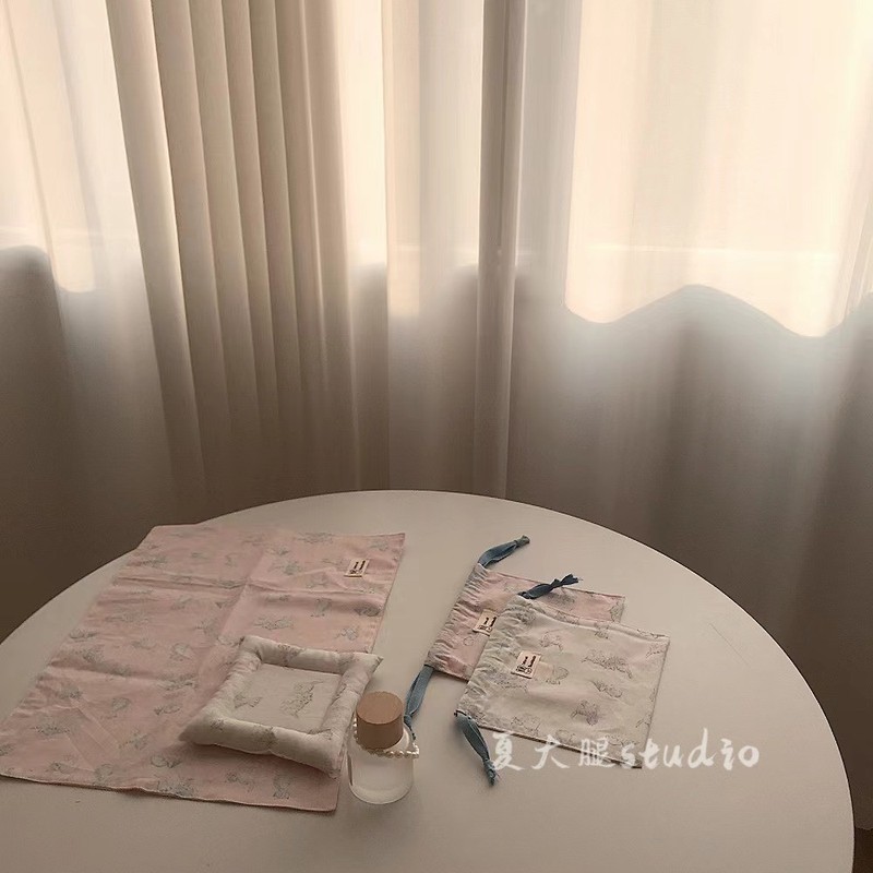新品粉白色蓝色小猫咪抽绳收纳袋自制束口袋整理袋棉手拎包ins风|undefined