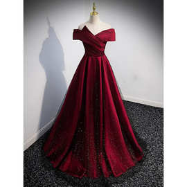 一字肩敬酒服2025新款新娘红色婚纱新婚便装法式订婚裙礼服女大气