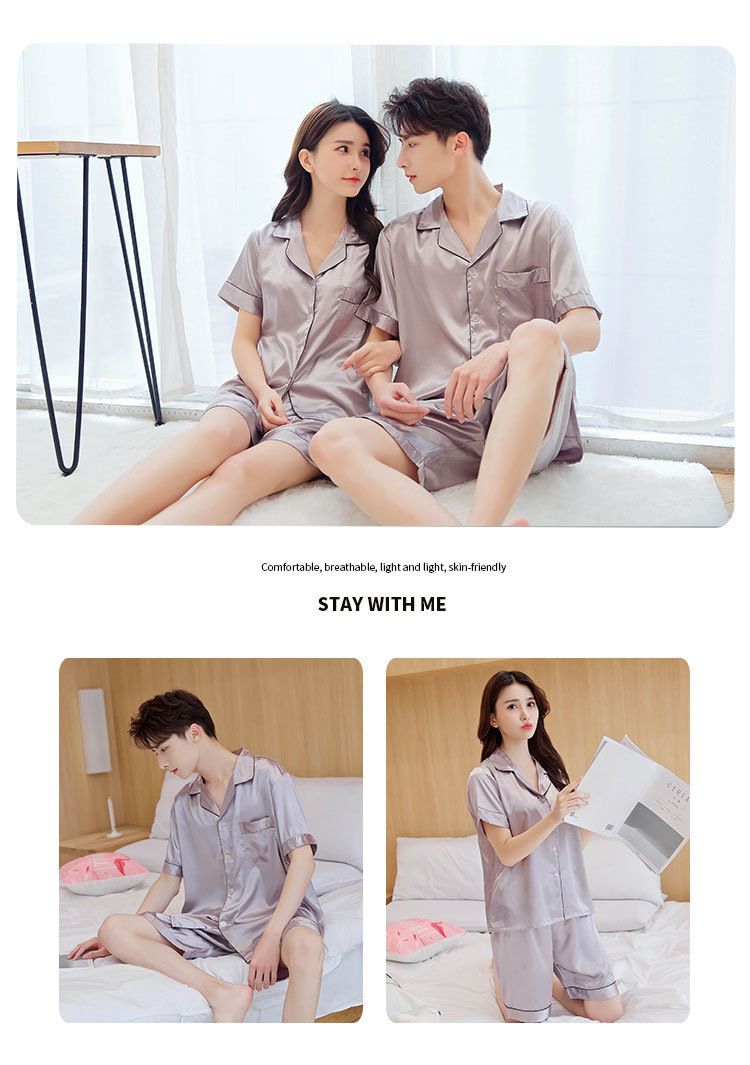 Han Yatong Summer Couple Pajamas Simulation Silk Short-sleeved Shorts Set Thin Men's and Women's Home Clothes 5075_voghion.com