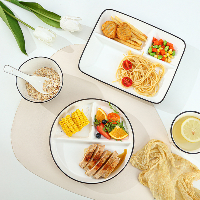 分割ディナープレート セラミックコントロールダイエット朝食プレート 子供用定量軽食食器 3分割ラウンドプレート 5分割スクエアプレート|undefined