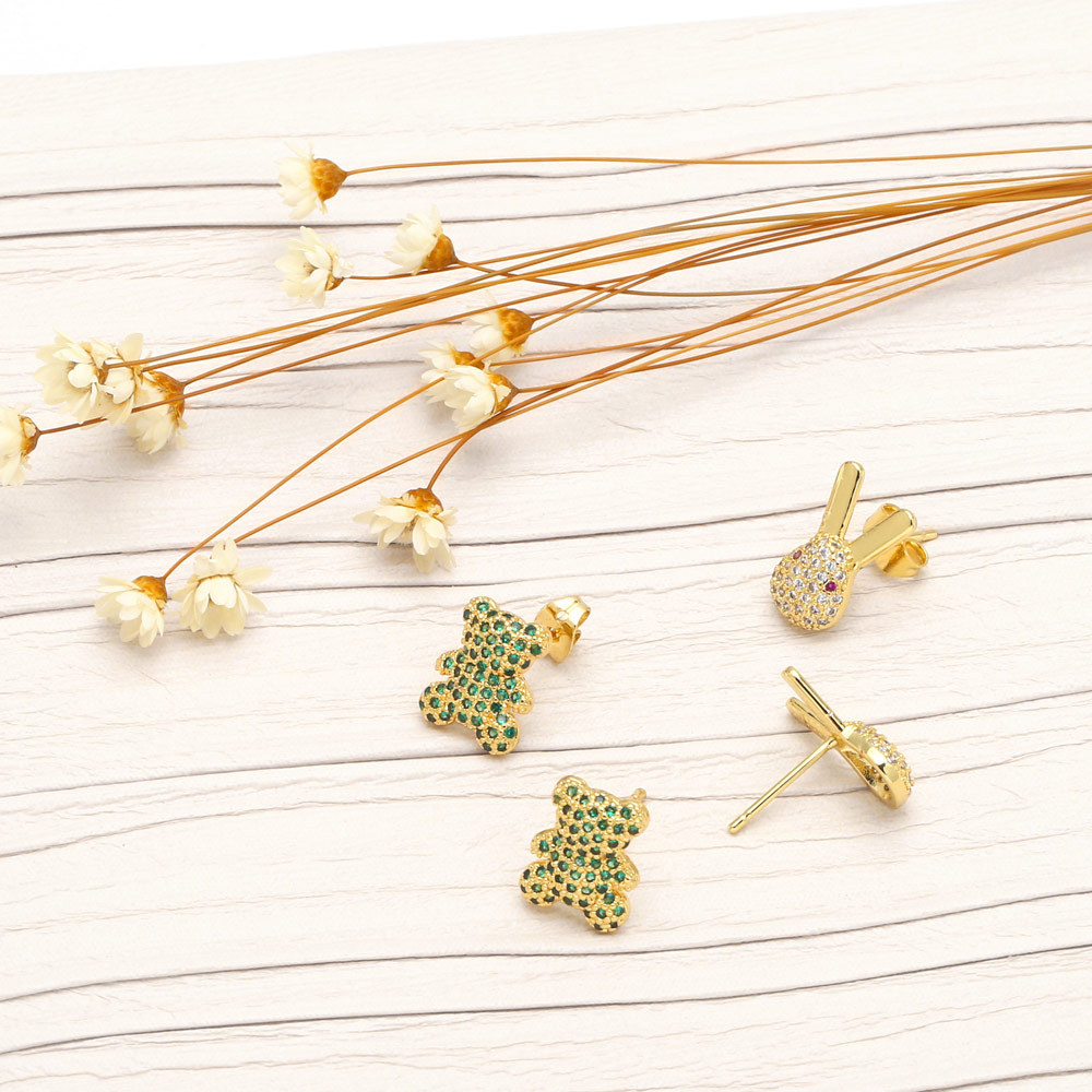 Fashion Rabbit Bear Copper Ear Studs Inlay Zircon Copper Earrings