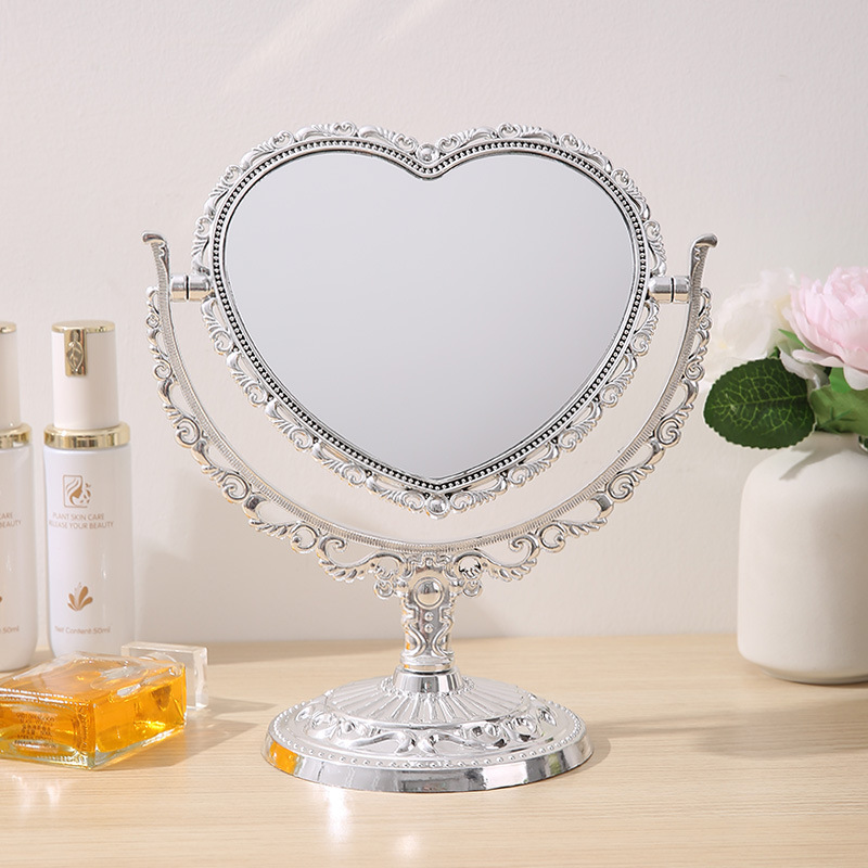 Espejo de maquillaje de doble cara de galvanoplastia de lujo retro de estilo europeo, tocador, decoración de escritorio para dormitorio, espejo de princesa francés portátil