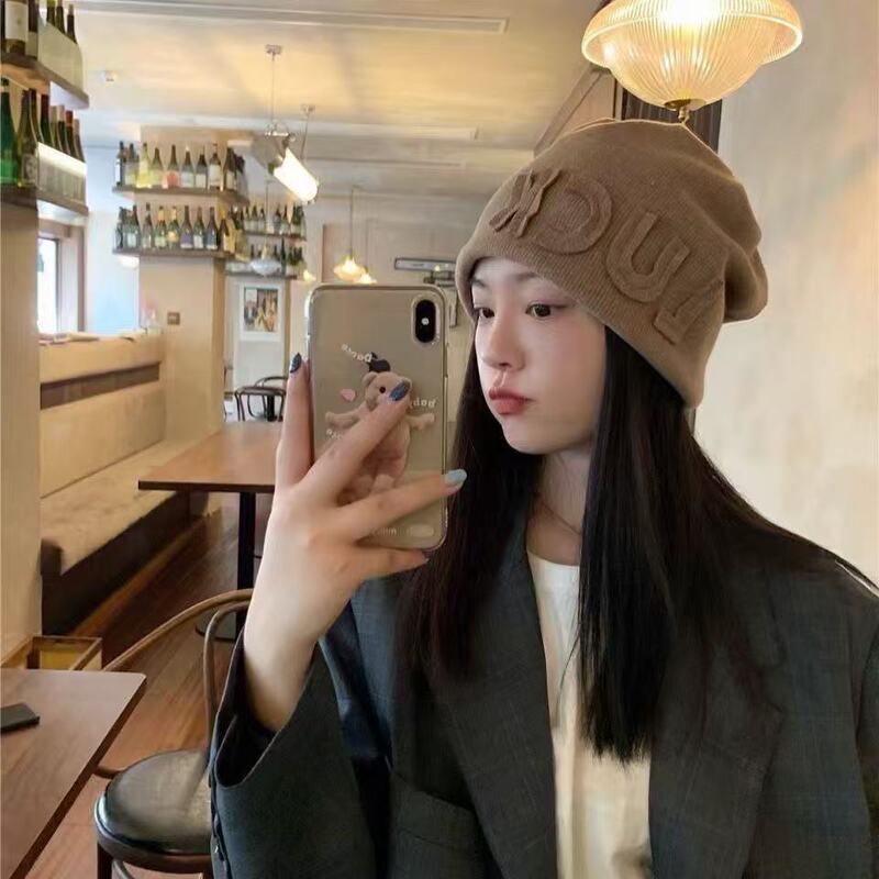 网红堆堆帽女产后月子帽春秋时尚字母日系毛线针织包头帽春季冷帽|undefined