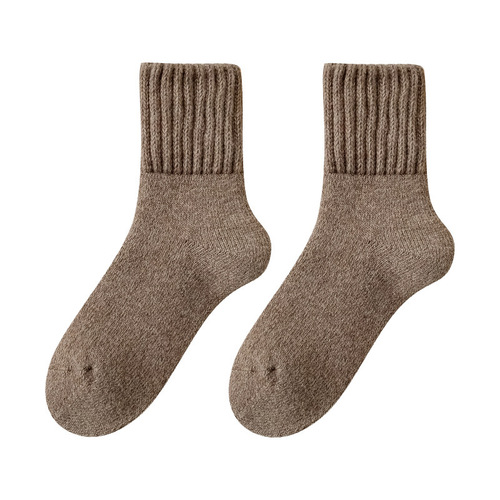 Wool Knit Women's Mid-Calf Socks Winter Thick Marled Ribbed Fleece Lined Snow Socks Warm Cashmere Short Socks