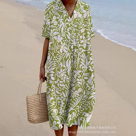 European and American Cross-Border Independent Site Amazon Shirt Dress Women's Casual Floral Print Long-Sleeve Dress