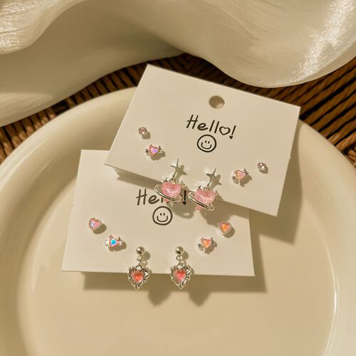 s925 silver needle pink rhinestone new earring set girl heart super flash ear bone nail student versatile earrings wholesale