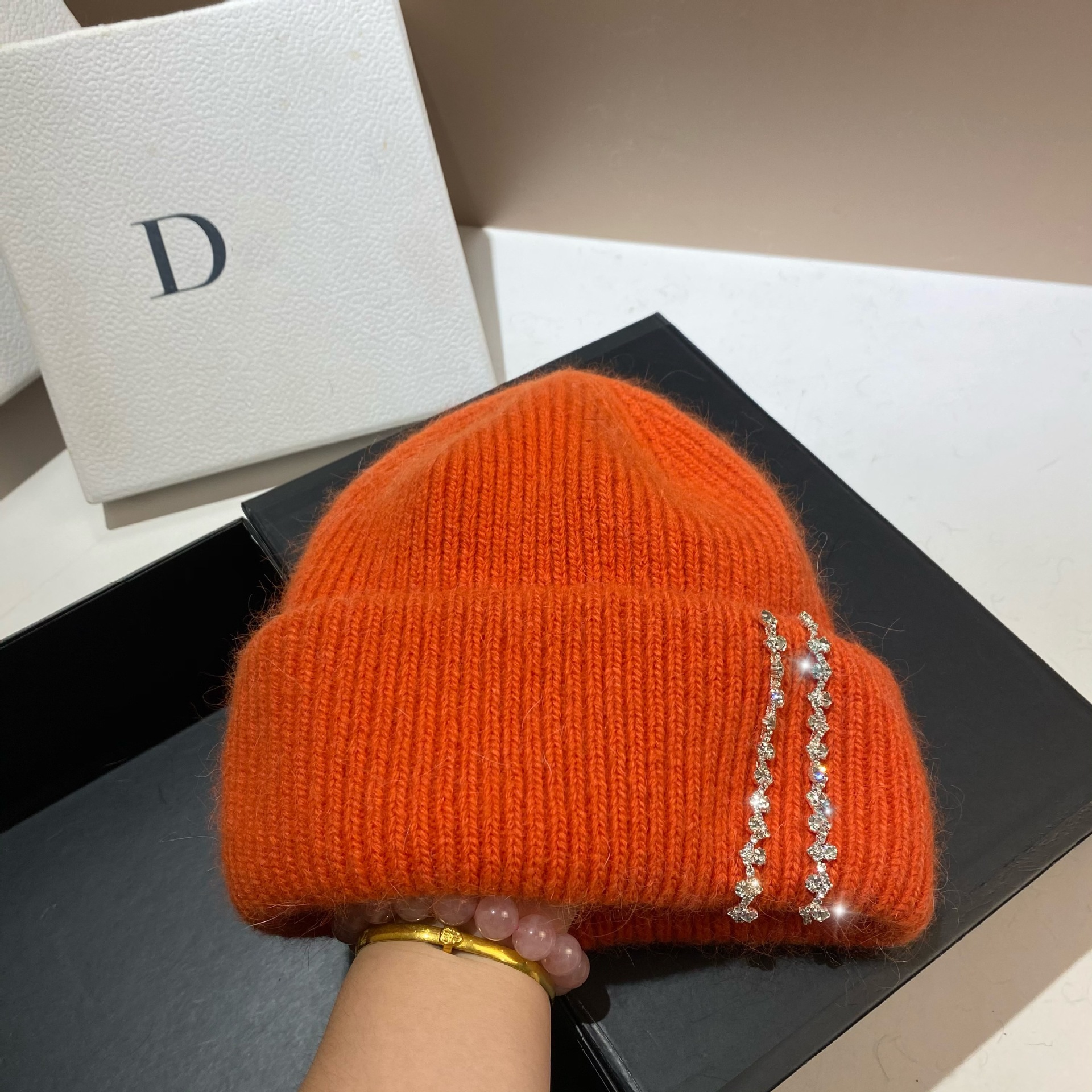 Winter-Thermomütze für den Außenbereich, langes Kaninchenhaar, doppelt gefaltete Strickmütze, Mode-Promi-Feng-Shui-Diamant-Wollmütze_voghion.com