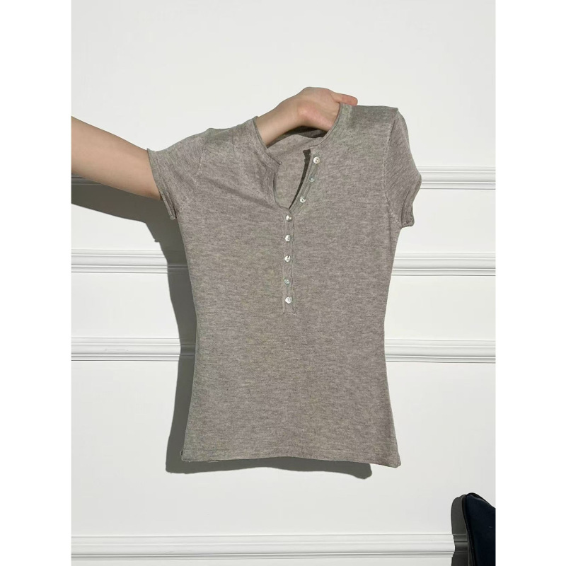 Auidsty Half-Open Collar Buttoned Right-Shoulder Knit Short-Sleeve T-Shirt for Women 2026 Summer Slim Fit Henley Collar Top