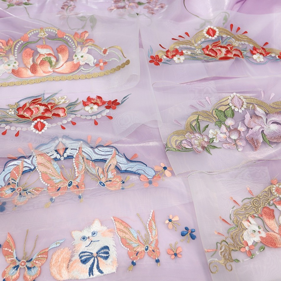 图南原创绣花紫藤蝴蝶诃子裙头腰头面料童装娃衣汉服古风绣片diy