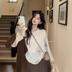 【高品質オーダー】韓国風レイジースタイルデザインラウンドネックプルオーバールーズフラワー日焼け止め長袖Tシャツ