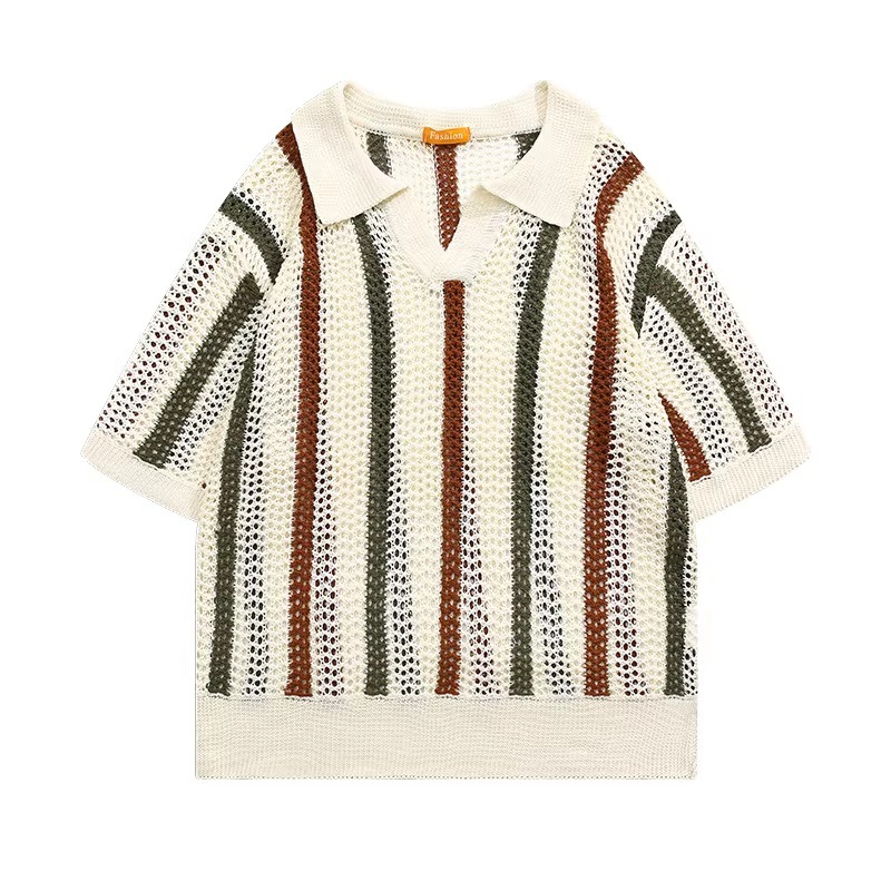 Polo camiseta de punto camiseta de manga corta camiseta hombre gaviota cuello V rayas viejas líneas de viento de verano fábrica transfronteriza al por mayor