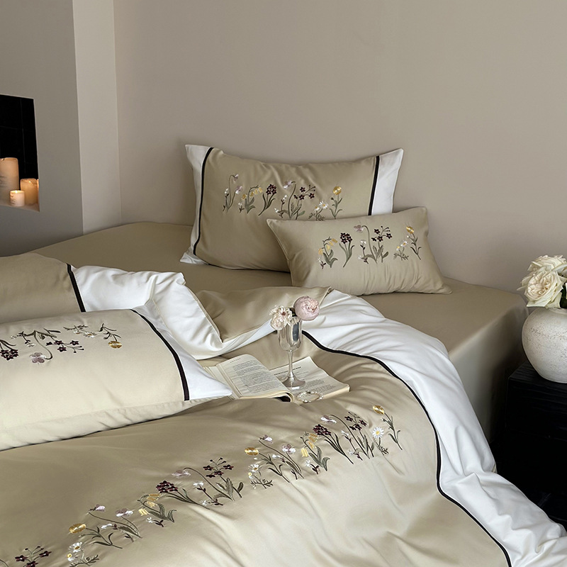 ¡Flor Shadow Shake! 100S algodón largo cuatro piezas de algodón bordado cubierta de edredón de algodón cuadrangular cubierta de almohada cuatro estaciones desnuda para dormir