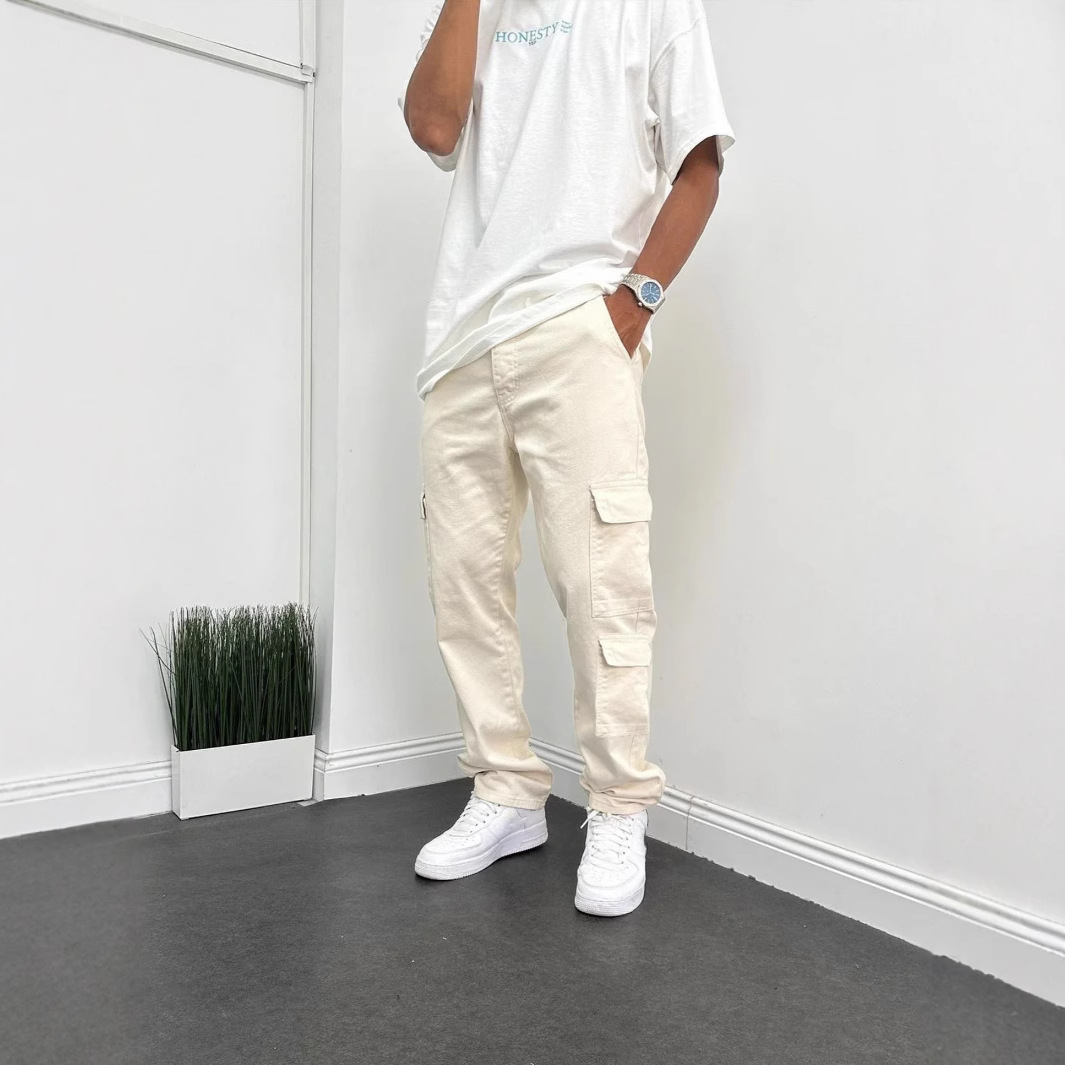 美式牛仔米白休闲直筒宽松工装口袋男士牛仔裤实拍