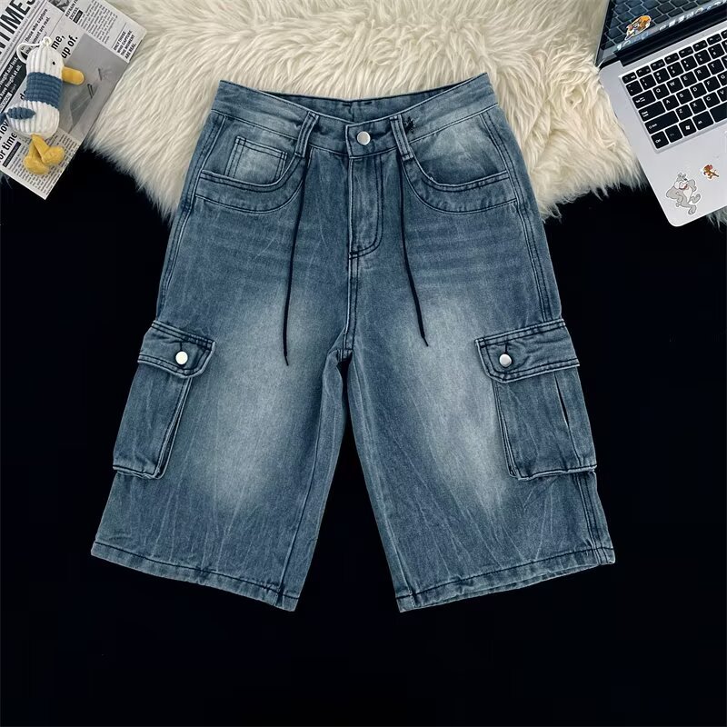Summer Men's Plus Size Capri Jeans Loose Wide Leg Hip Hop Cargo Shorts Multi Pocket Chubby Pants_mkmklike.com