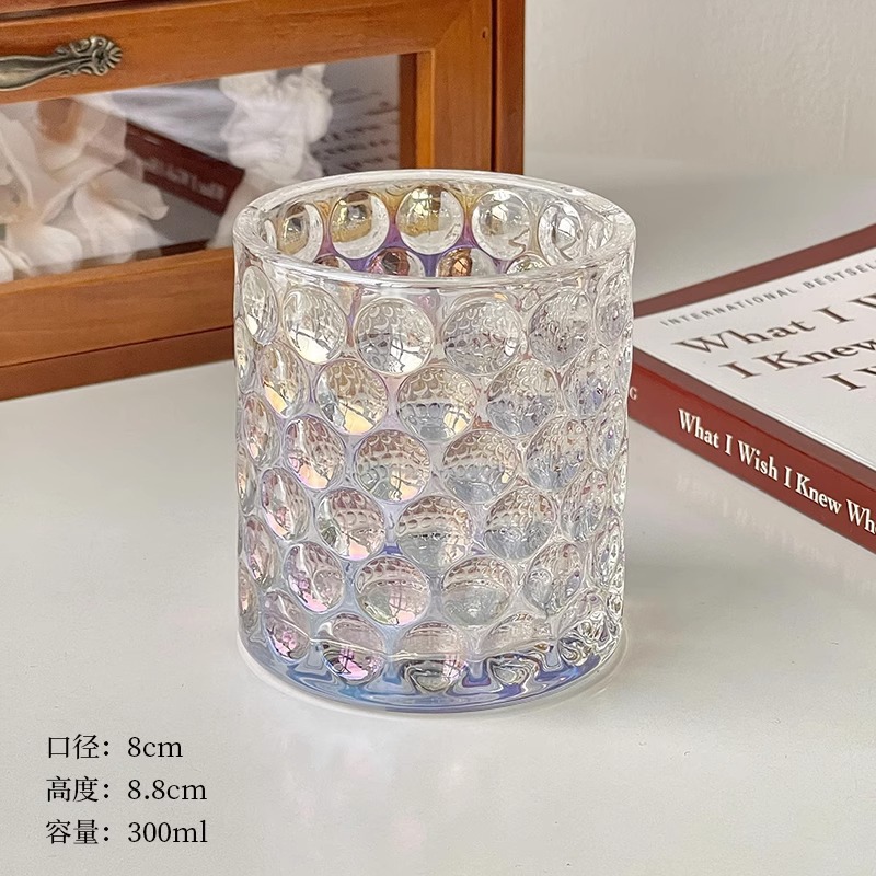 Taza de vidrio de punto simple taza de agua ins puntos de viento cepillo de maquillaje bolígrafo decoración de escritorio candelabros taza de frasa de banano