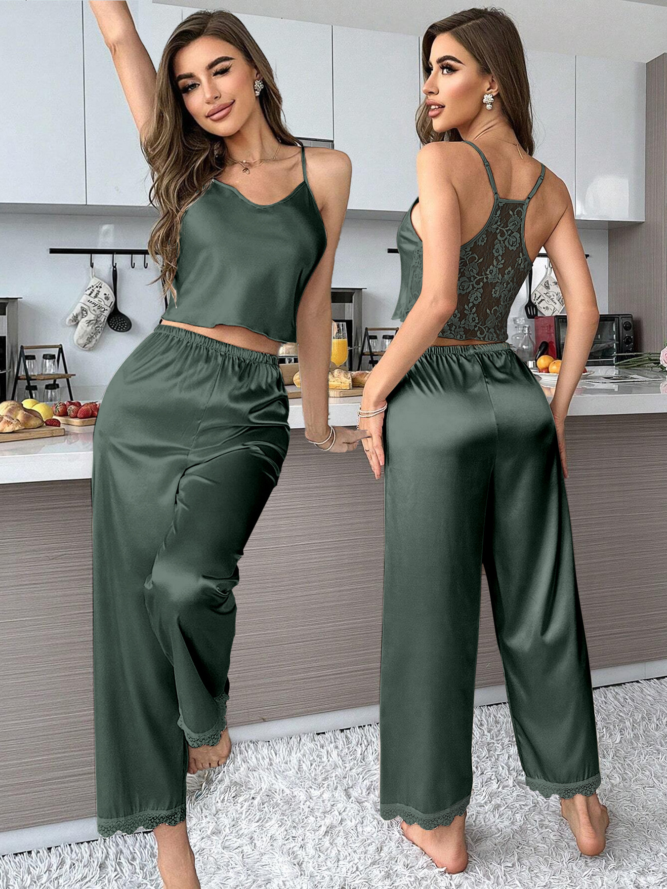 Amazon Europa y América verano transfronterizo nuevo estilo pijamas casuales pantalones de tirantes de mujer ropa de hogar sexy de encaje se puede usar afuera