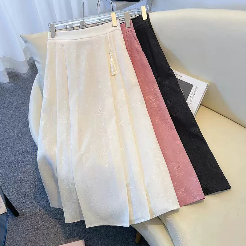 Новая женская юбка с лошадиным лицом в китайском стиле в национальном стиле, плиссированная юбка средней длины из жаккардового атласа с кисточками, повседневный стиль для похудения с карманами