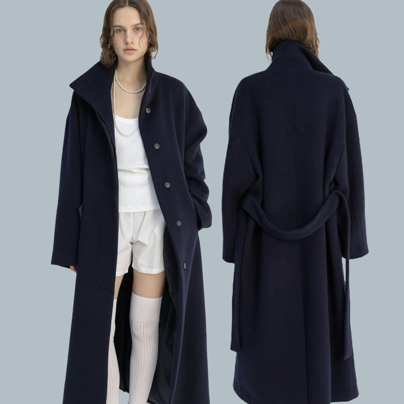 South Korea m * n * ha 24s winter new simple stand collar single-breasted lace-up wool blend lengthened wool coat
