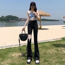 韩系喇叭裤女夏季款高腰小个子设计感小众显瘦破洞牛仔裤微喇长裤