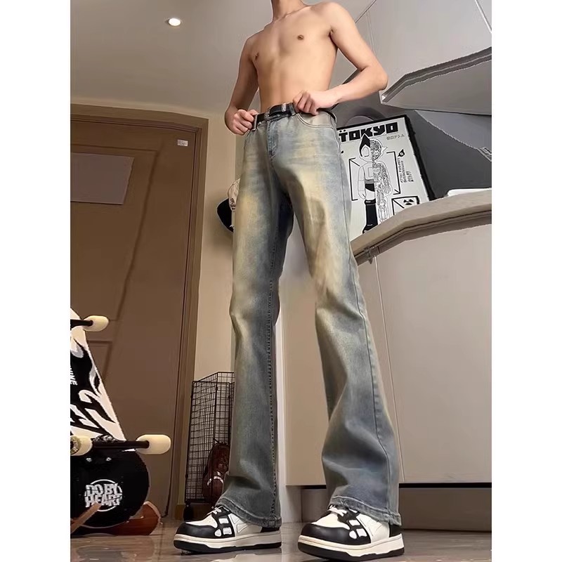 Vintage jeans de cintura alta azul para hombres otoño nuevo estilo americano de alta calle vibe pantalones altos rectos micropantalones