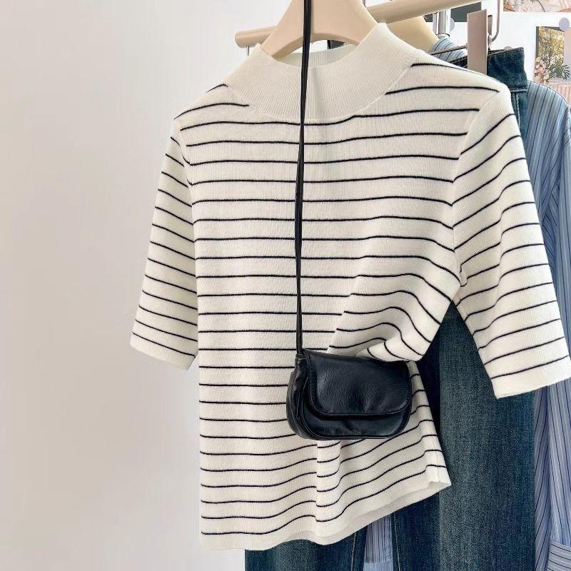 Half-Turtleneck Striped Ice Silk Knit Mid-Sleeve Top for Women, Summer Exquisite Short-Sleeve T-Shirt, Slim-Fit Top with a Sense of Design Half-Turtleneck Striped Ice Silk Knit Mid-Sleeve Top for Women, Summer Exquisite Short-Sleeve T-Shirt, Slim-Fit Top with a Sense of Design