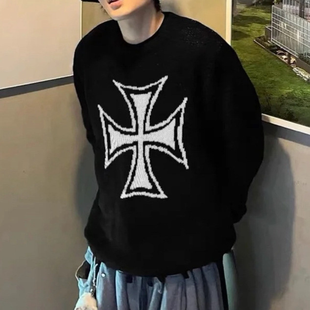 G/R Trendy American Style White Iron Cross Sanskrit Sleeve Crew Neck Sweater for Men and Women, Loose Versatile Pullover Knit Sweater G/R Trendy American Style White Iron Cross Sanskrit Sleeve Crew Neck Sweater for Men and Women, Loose Versatile Pullover Knit Sweater